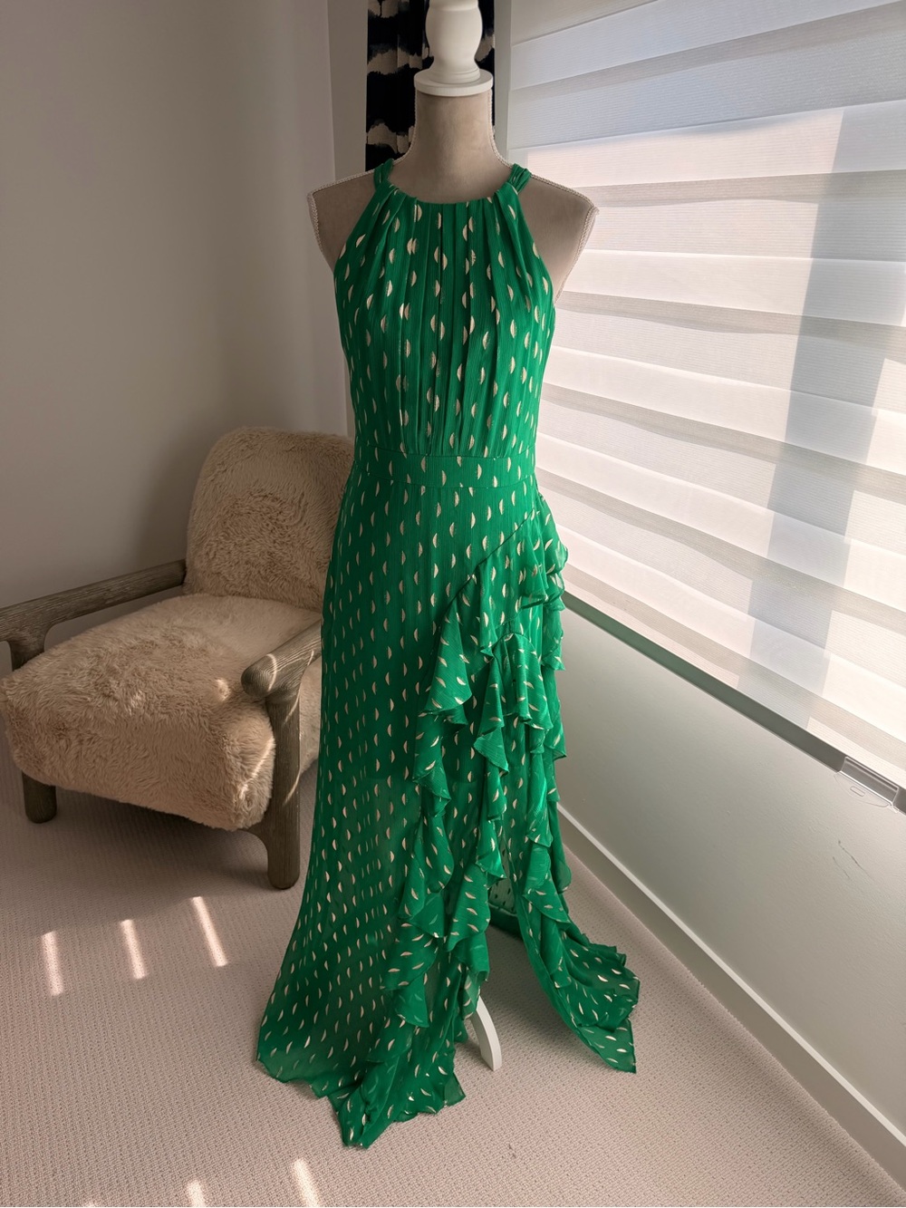 Betsy & Adam Green Halter Maxi Dress with Cream Teardrop Print
